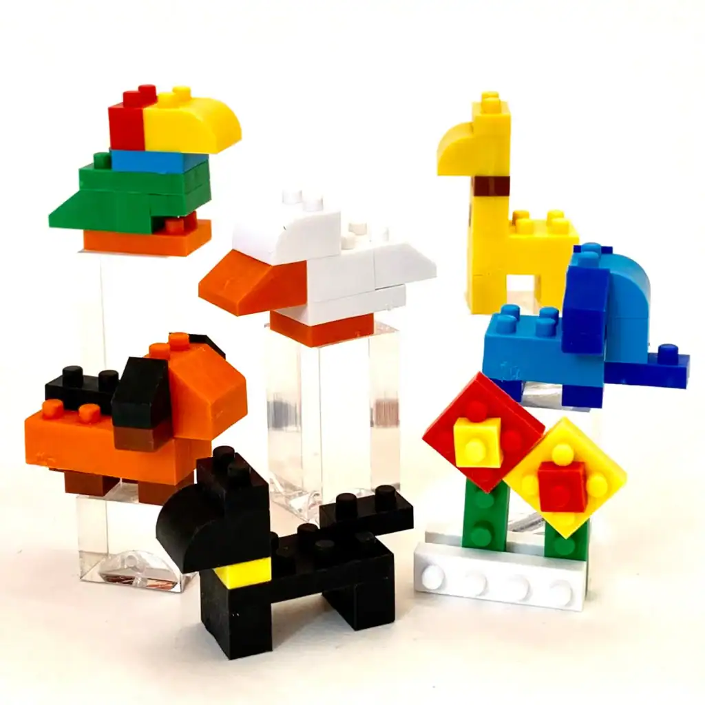 Colorful animal figures built with LEGO blocks.