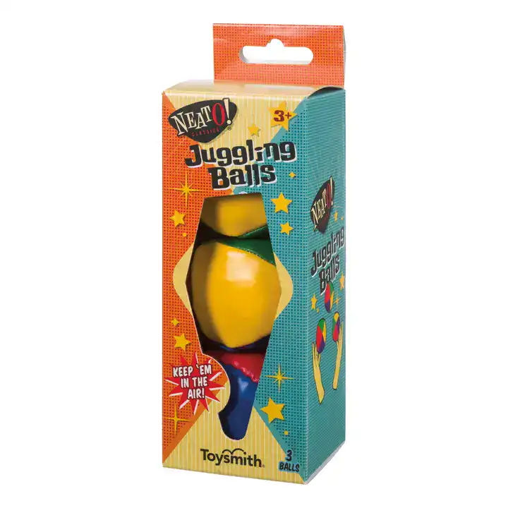 Colorful juggling balls set in a box.