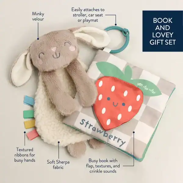 Plush bunny and strawberry book gift set for babies.