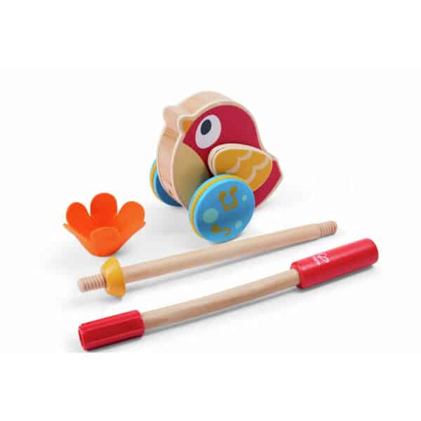 Colorful wooden bird push toy with wheels and handle.
