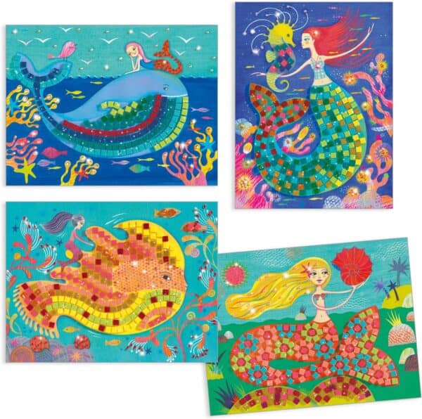 Colorful illustrations of mermaids with sea creatures.
