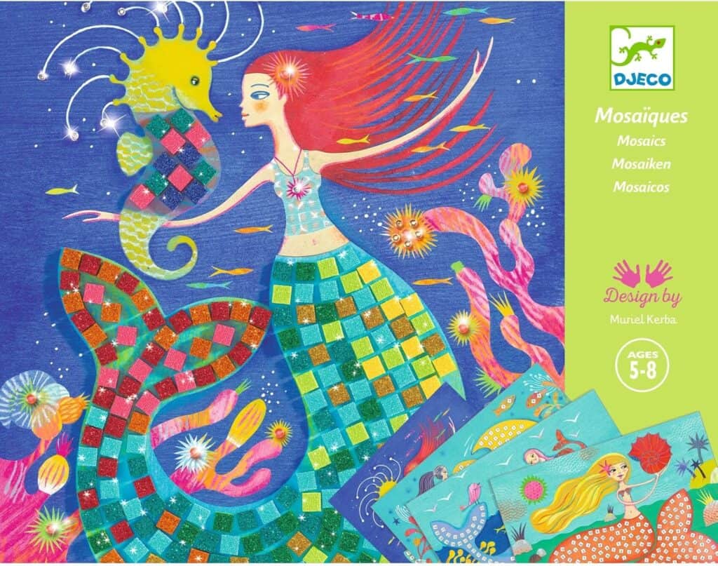 Colorful mermaid and seahorse mosaic design for kids.