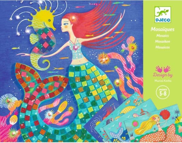 Colorful mermaid and seahorse mosaic design for kids.