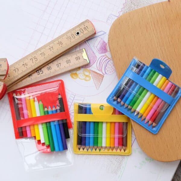 Colorful pencils in plastic cases with rulers