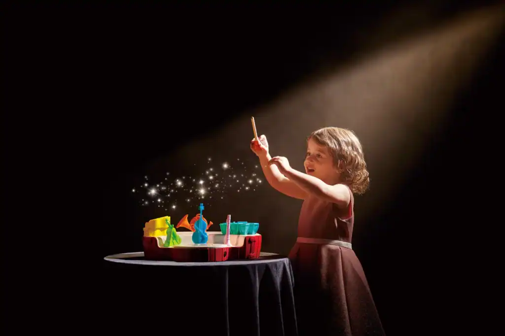 Child conducting toy orchestra with magic sparkle effect.