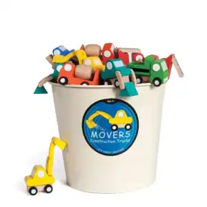 Bucket of colorful wooden toy trucks