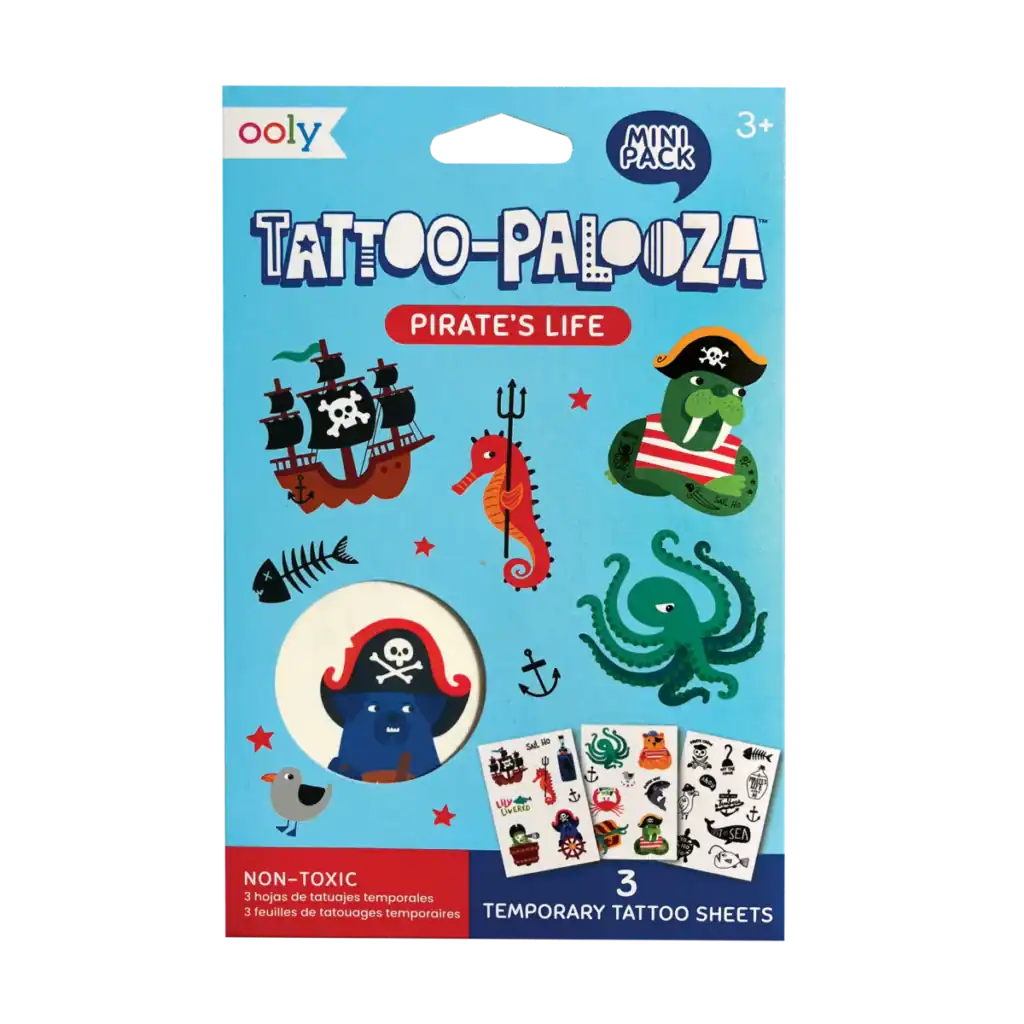Pirate-themed temporary tattoo sheets for kids.