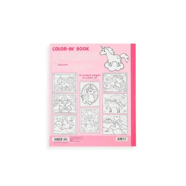 Coloring book with unicorn illustrations, pink cover.