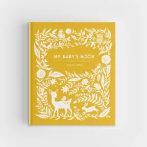 Illustrated yellow baby keepsake journal with animals