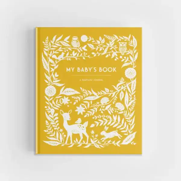 Illustrated yellow baby keepsake journal with animals