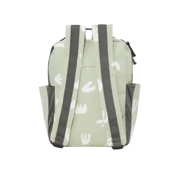 Stylish green backpack with black straps, back view.