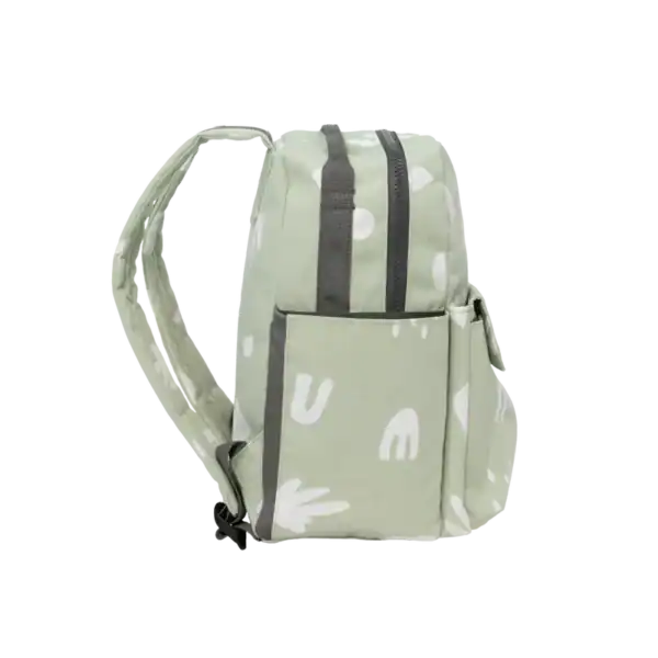 Green backpack with white abstract design