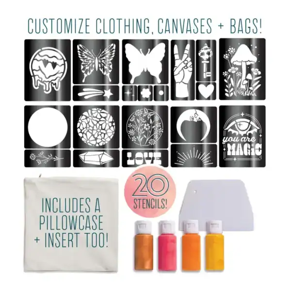 Custom stencil set with pillowcase and colors included.