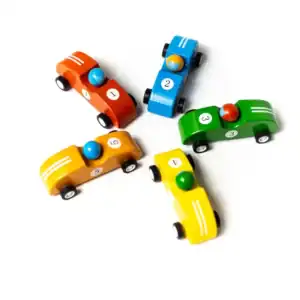 Colorful wooden toy cars with numbers.