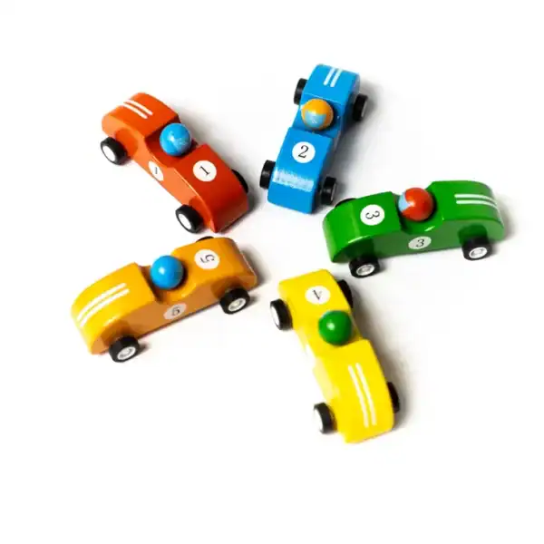 Colorful wooden toy cars with numbers.