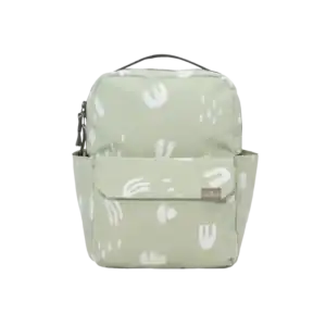 Light green backpack with white abstract patterns.