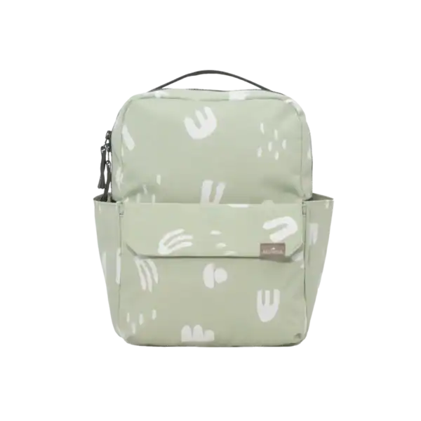 Light green backpack with white abstract patterns.