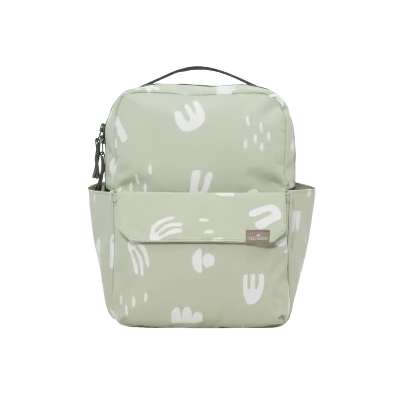 Light green backpack with white abstract patterns.