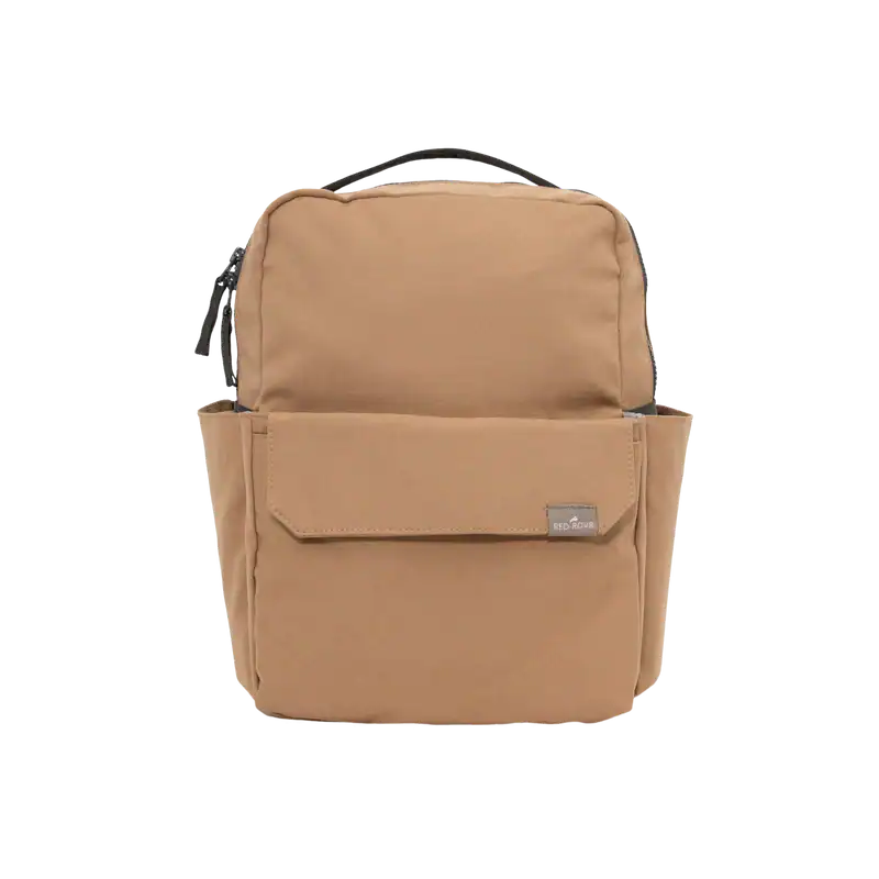 Tan canvas backpack with front pocket.