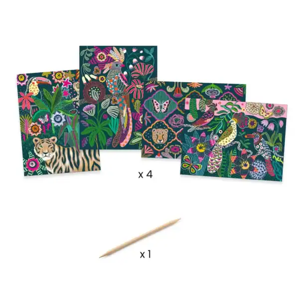 Colorful animal-themed postcards with scratch tool.