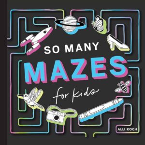 Colorful maze book cover for kids with illustrations.