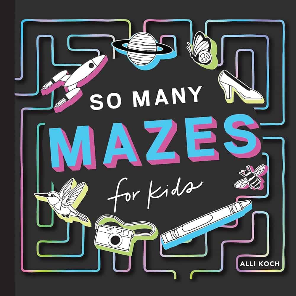 Colorful maze book cover for kids with illustrations.