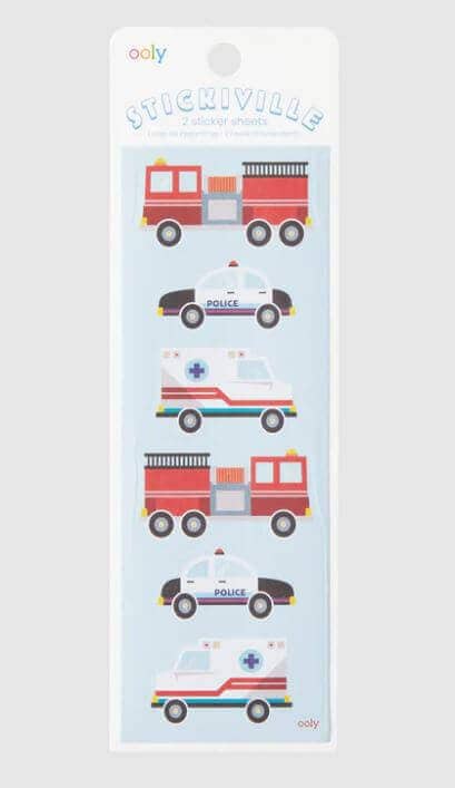 Sticker sheet with emergency vehicle designs