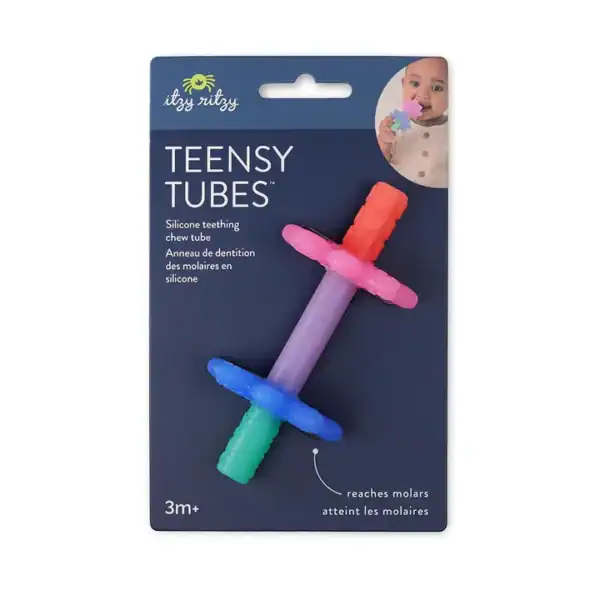 Silicone teething chew tube for babies, multicolor design.