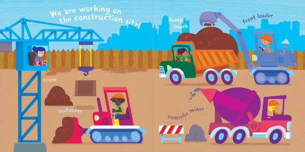 Illustrated construction site with vehicles and workers.