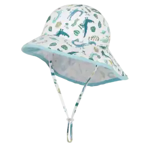 Kids' dinosaur print sun hat with chin strap.