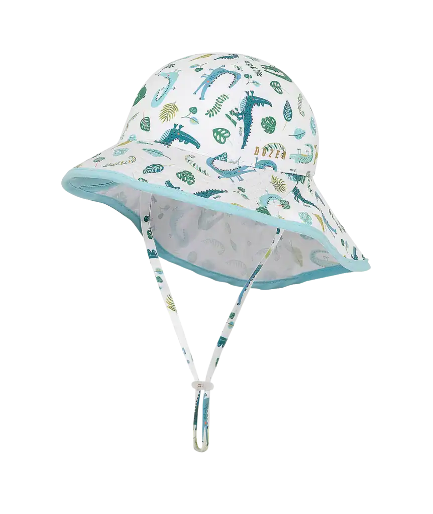 Kids' dinosaur print sun hat with chin strap.
