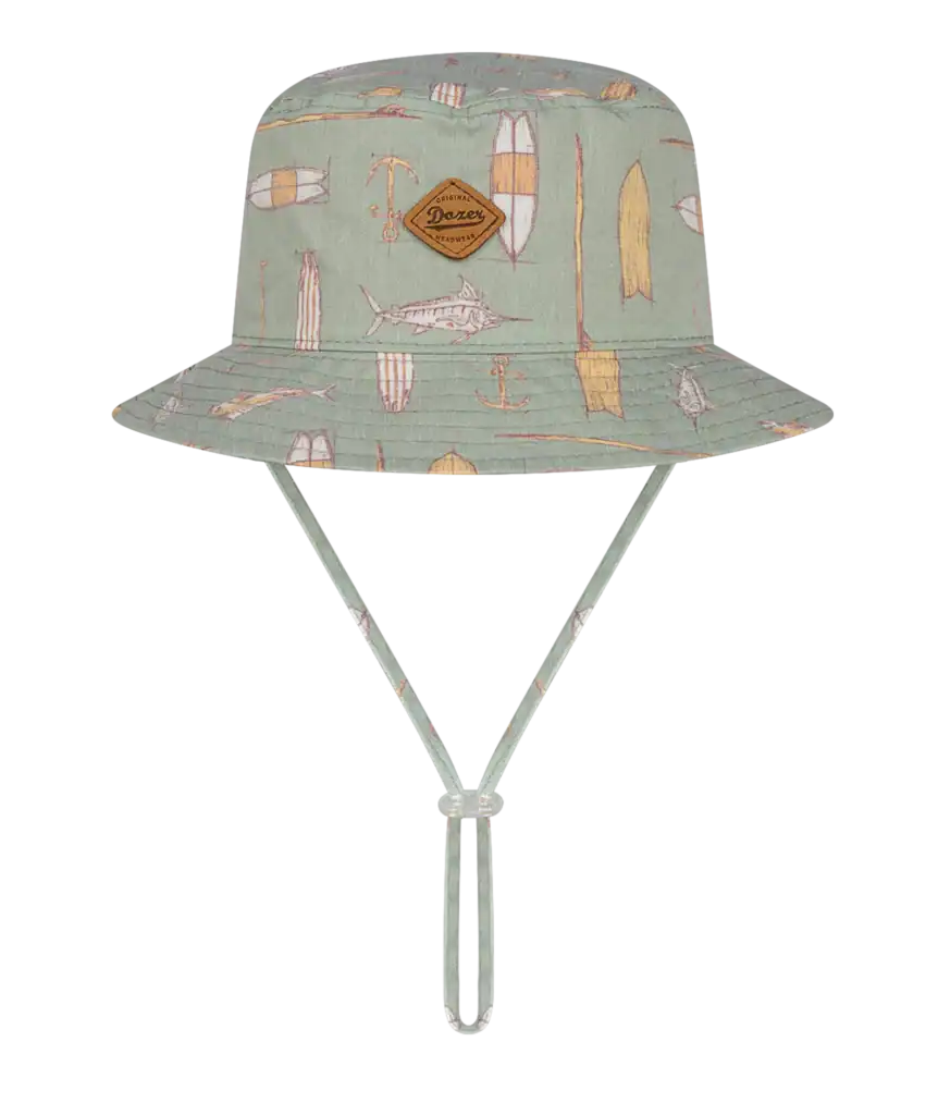 Patterned bucket hat with strings and logo patch