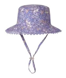 Purple floral bucket hat with chin strap