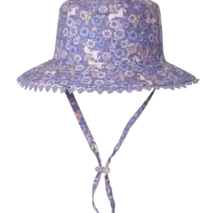 Purple floral bucket hat with chin strap