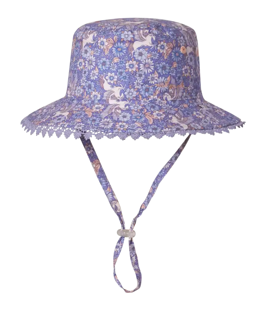 Purple floral bucket hat with chin strap