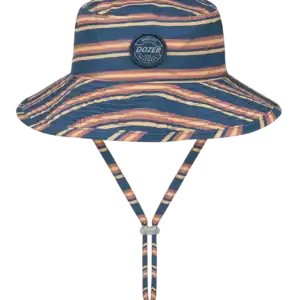 Striped bucket hat with chin strap.