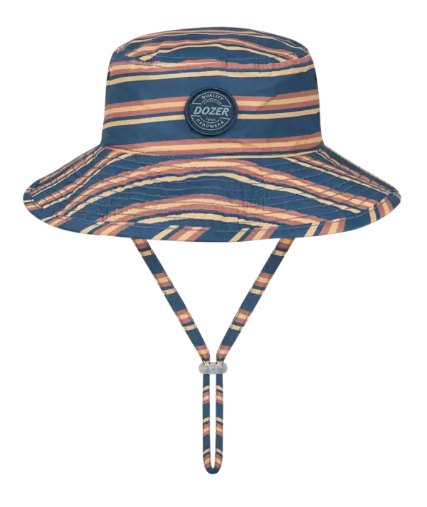 Striped bucket hat with chin strap.