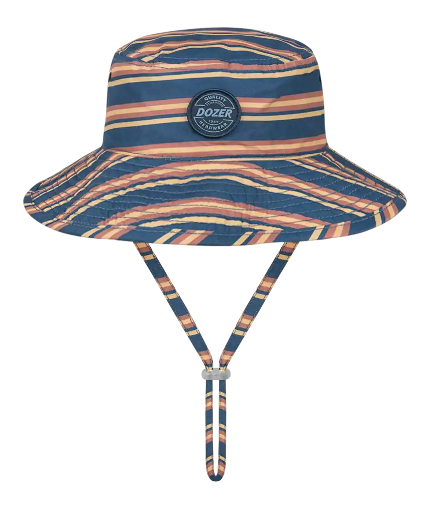 Striped bucket hat with chin strap.