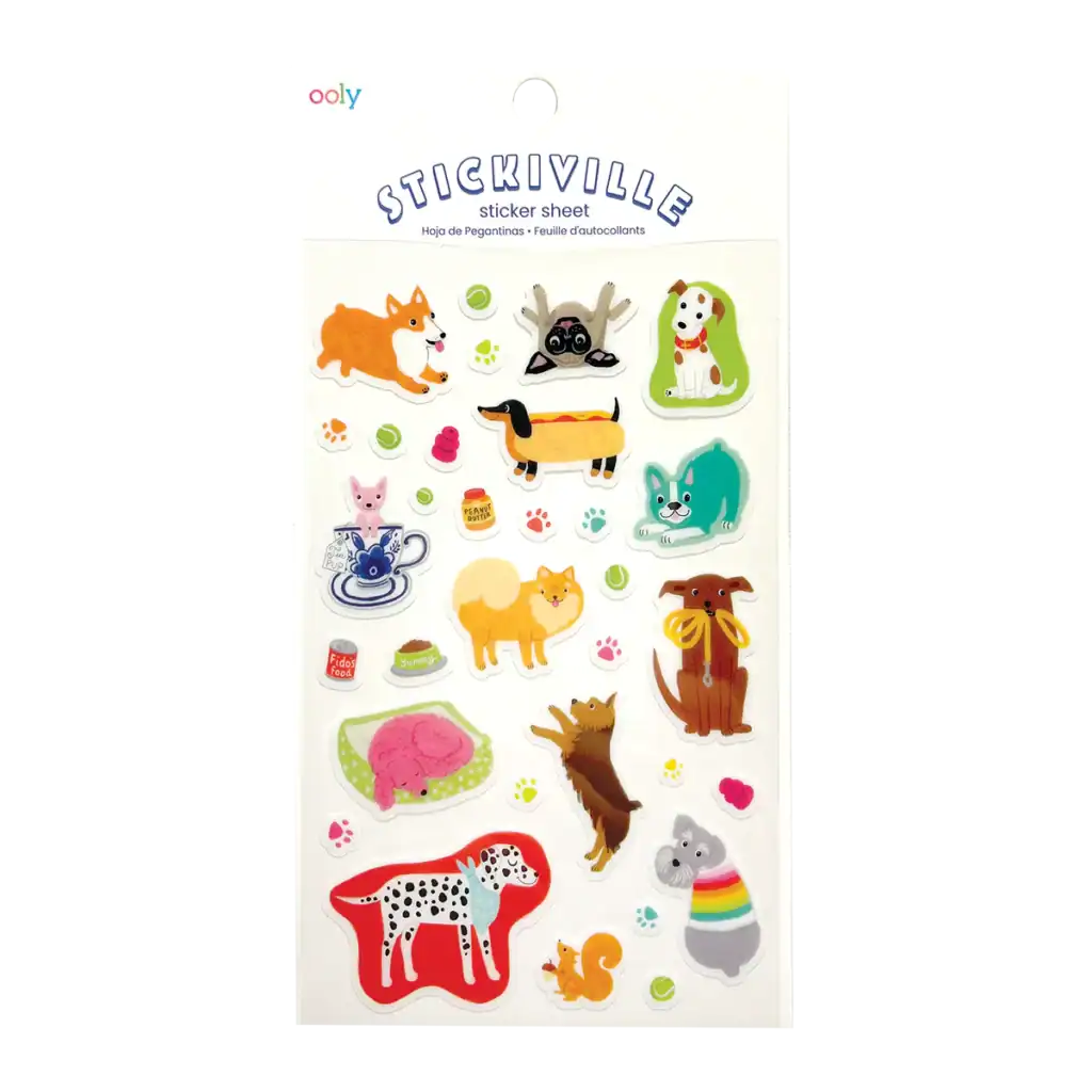 Colorful animal sticker sheet with various dog designs.