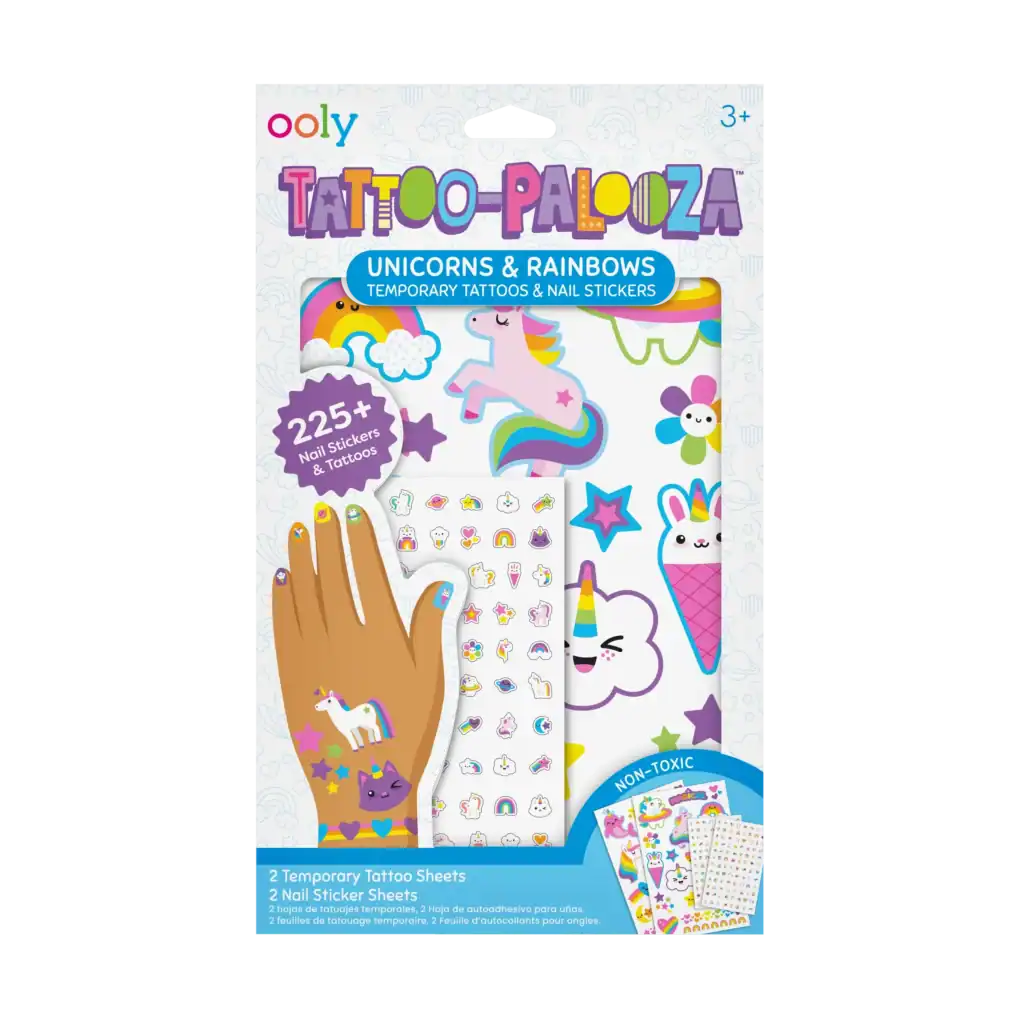 Unicorn and rainbow temporary tattoos and nail stickers.