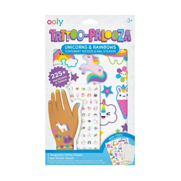 Unicorn and rainbow temporary tattoos and nail stickers.