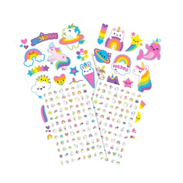 Colorful unicorn and rainbow stickers collection.