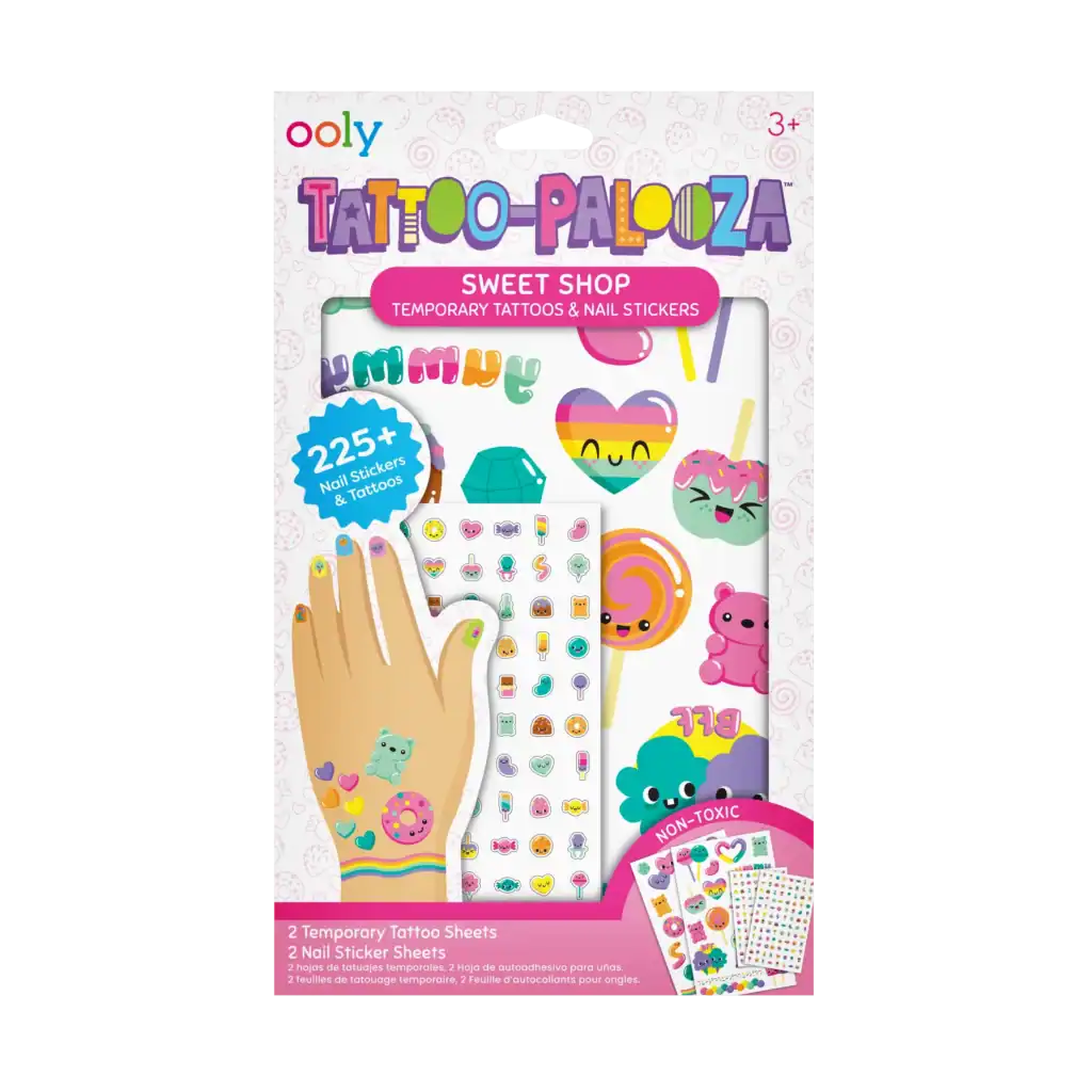 Colorful temporary tattoos and nail stickers set box.