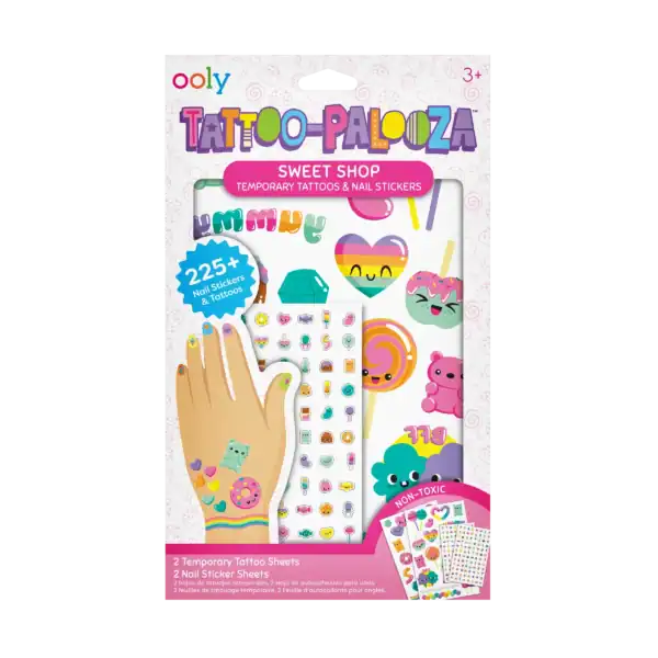 Colorful temporary tattoos and nail stickers set box.