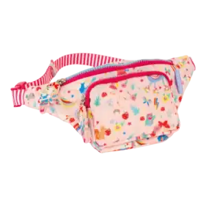 Colorful patterned kids' fanny pack with pink strap.