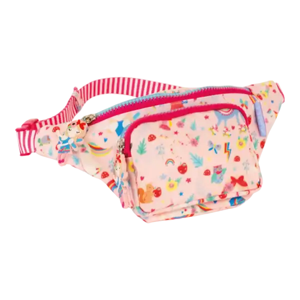 Colorful patterned kids' fanny pack with pink strap.