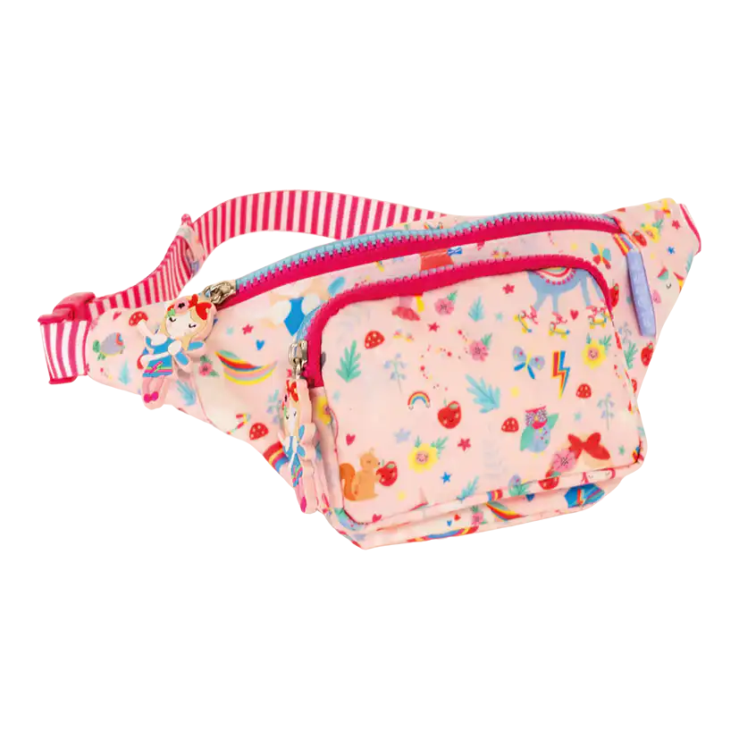 Colorful patterned kids' fanny pack with pink strap.