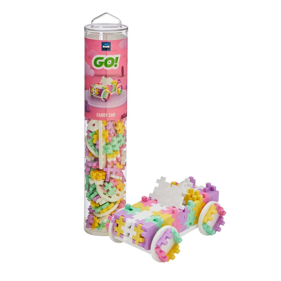 Colorful interlocking bricks forming a toy car.