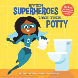 Superhero using potty, children's book cover.