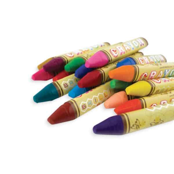 Assorted colorful crayons stacked together.
